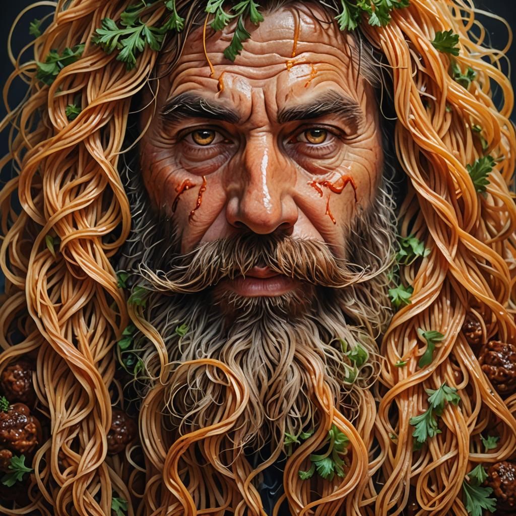 Spaghetti and Meatball Beard: Hyperrealistic Oil Painting