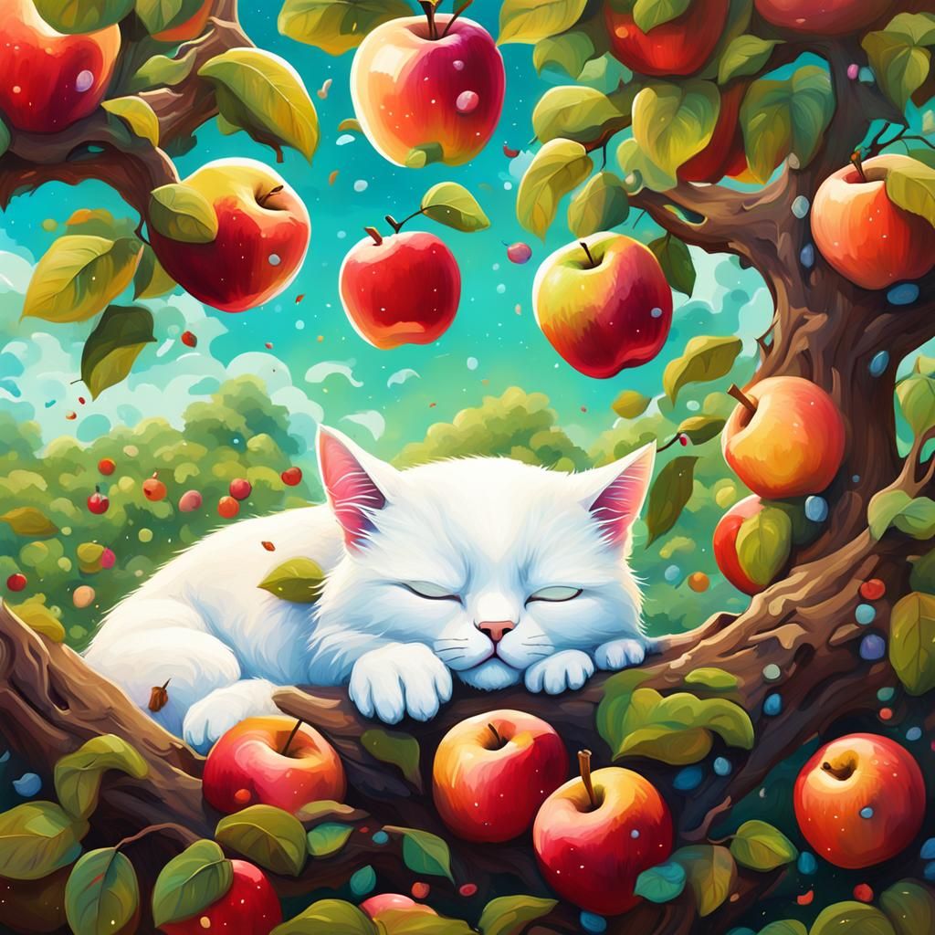 White Cat Sleeping in Apple Garden: Graffiti Art