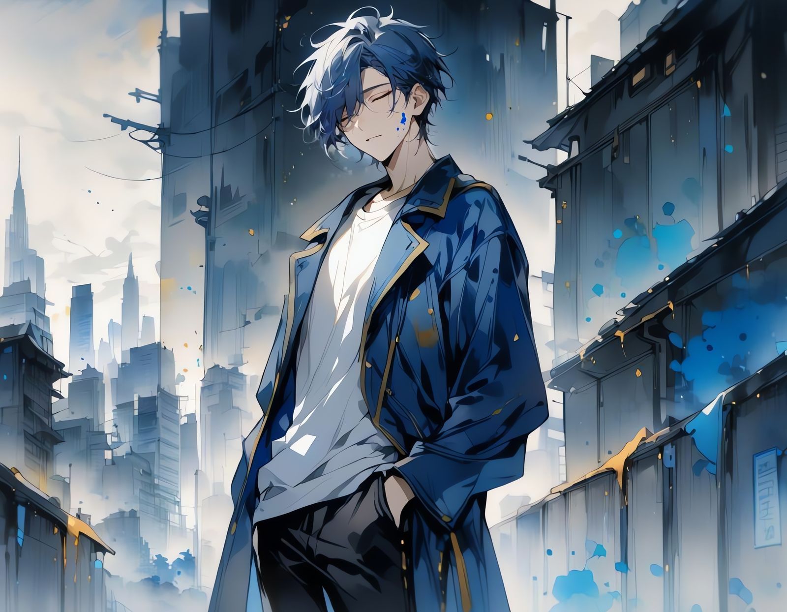 Blue-Haired Bishounen in Blue and Gold Watercolor