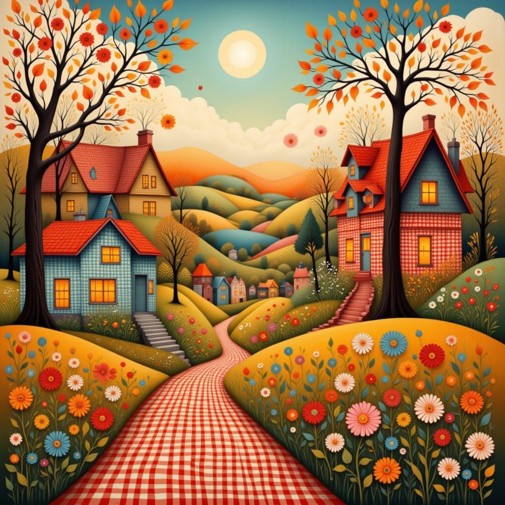 Whimsical Folk Art Village Scene in Khokhloma Style