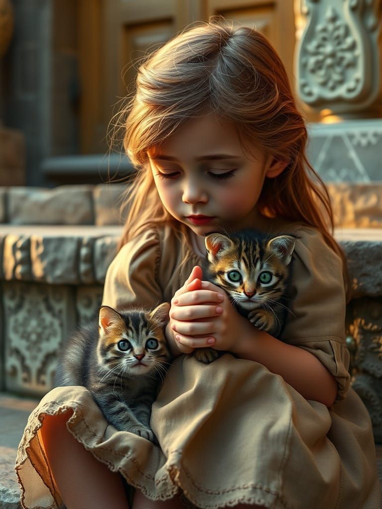 Lost in Thought, Gentle Girl and Kitten Share Worn Stone Ste...
