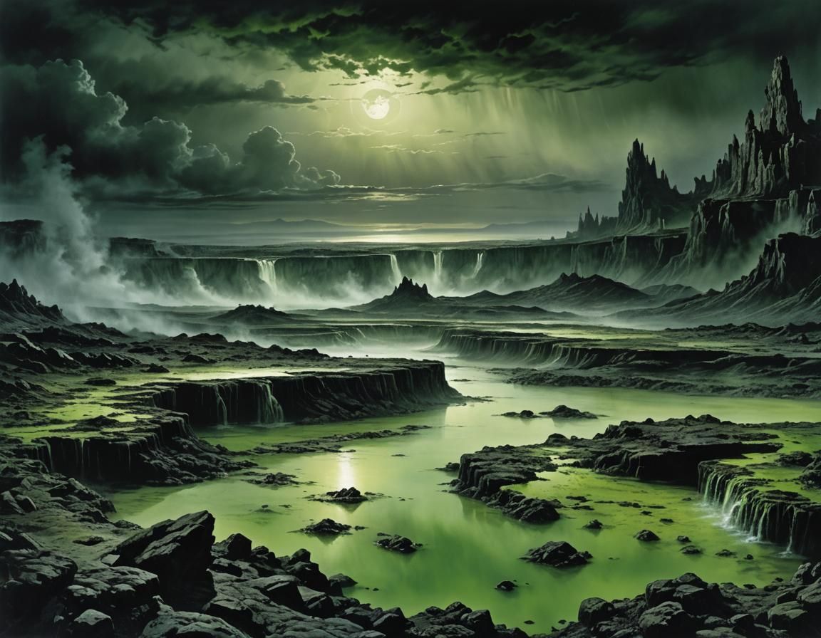 Grimdark Wasteland with Acid Pools by Luis Royo Style