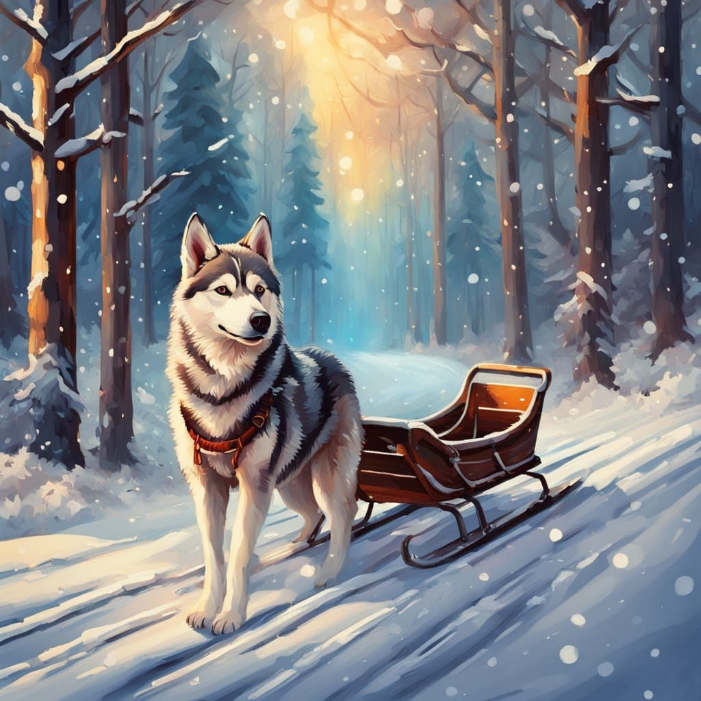 Majestic Husky Pulls Sled Through Winter Wonderland