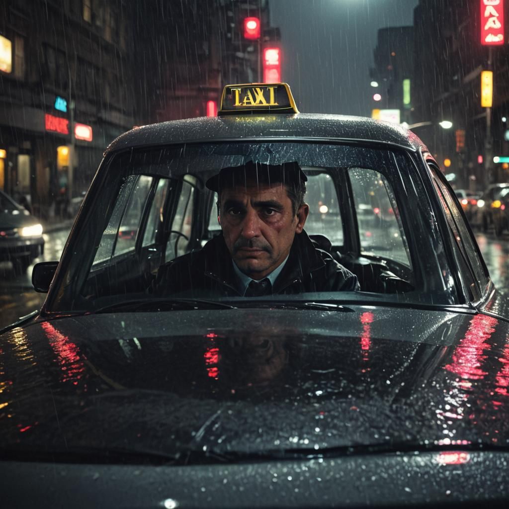 Film Noir Taxi Driver in Rainy City