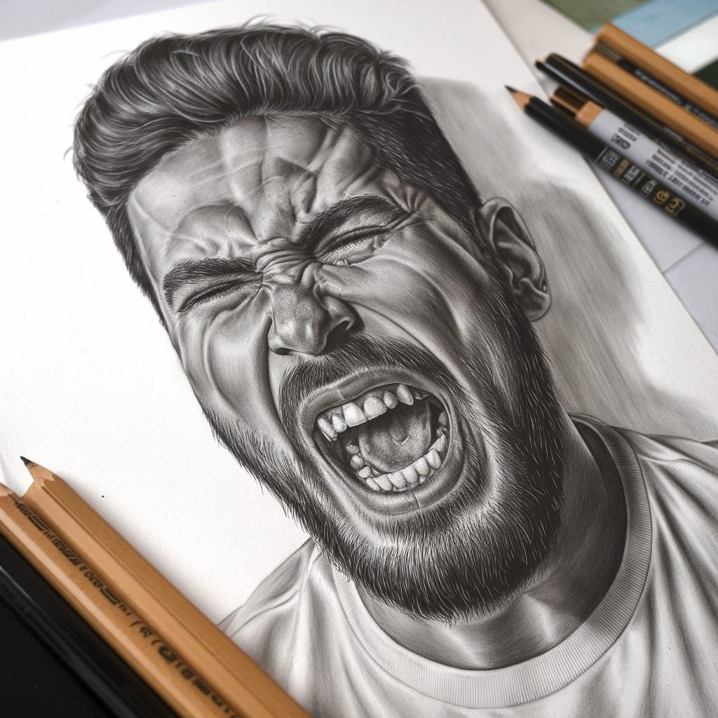 Man Screaming: Detailed Charcoal Drawing