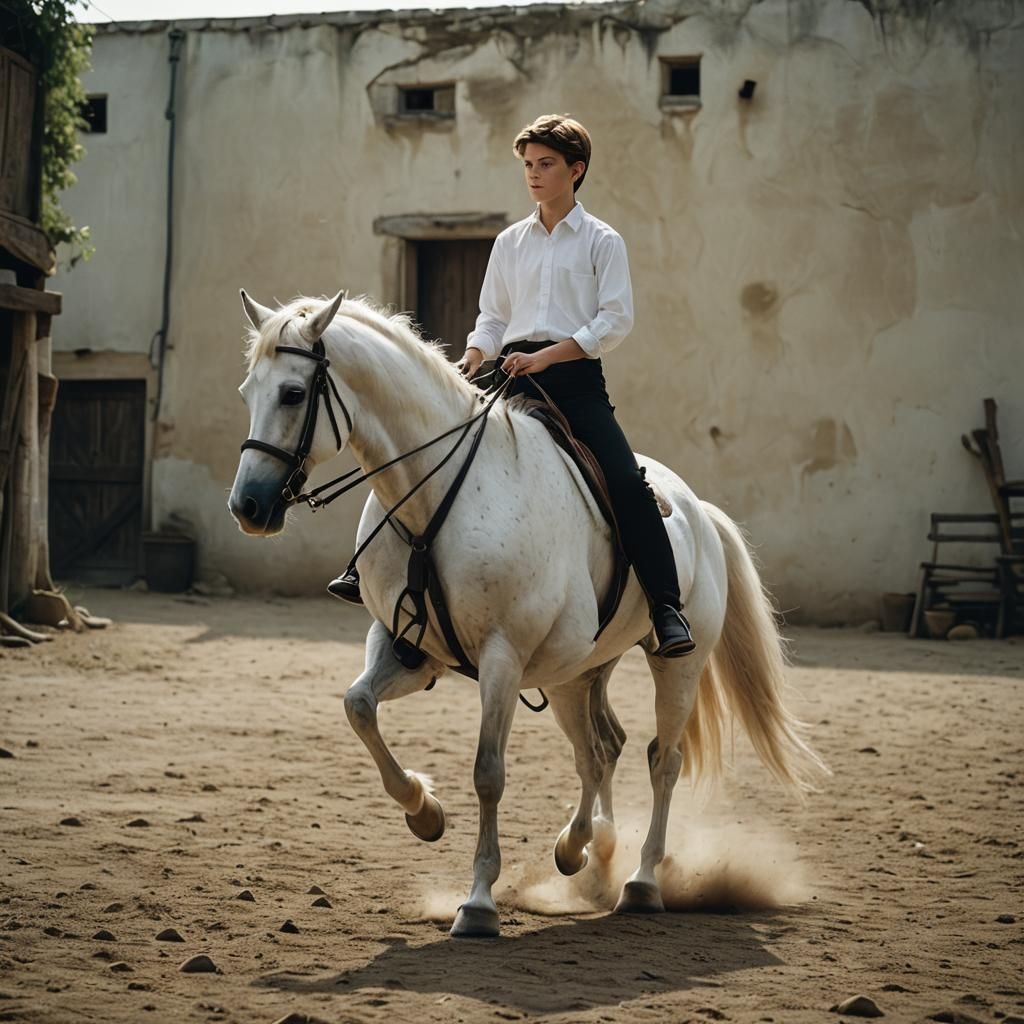 Boy on White Horse in Elegant Cinematic Style