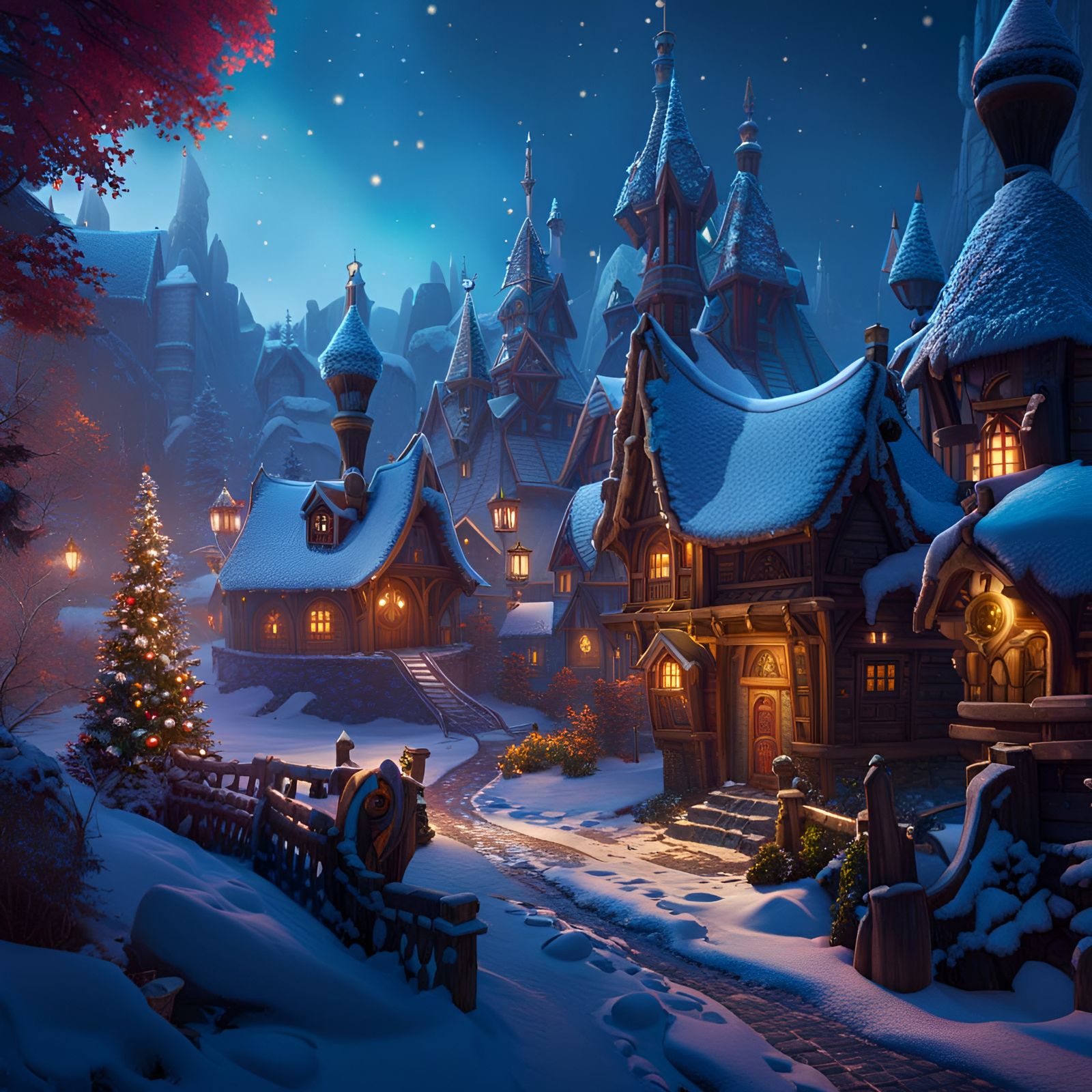 Detailed Winter Village Matte Painting in 8K