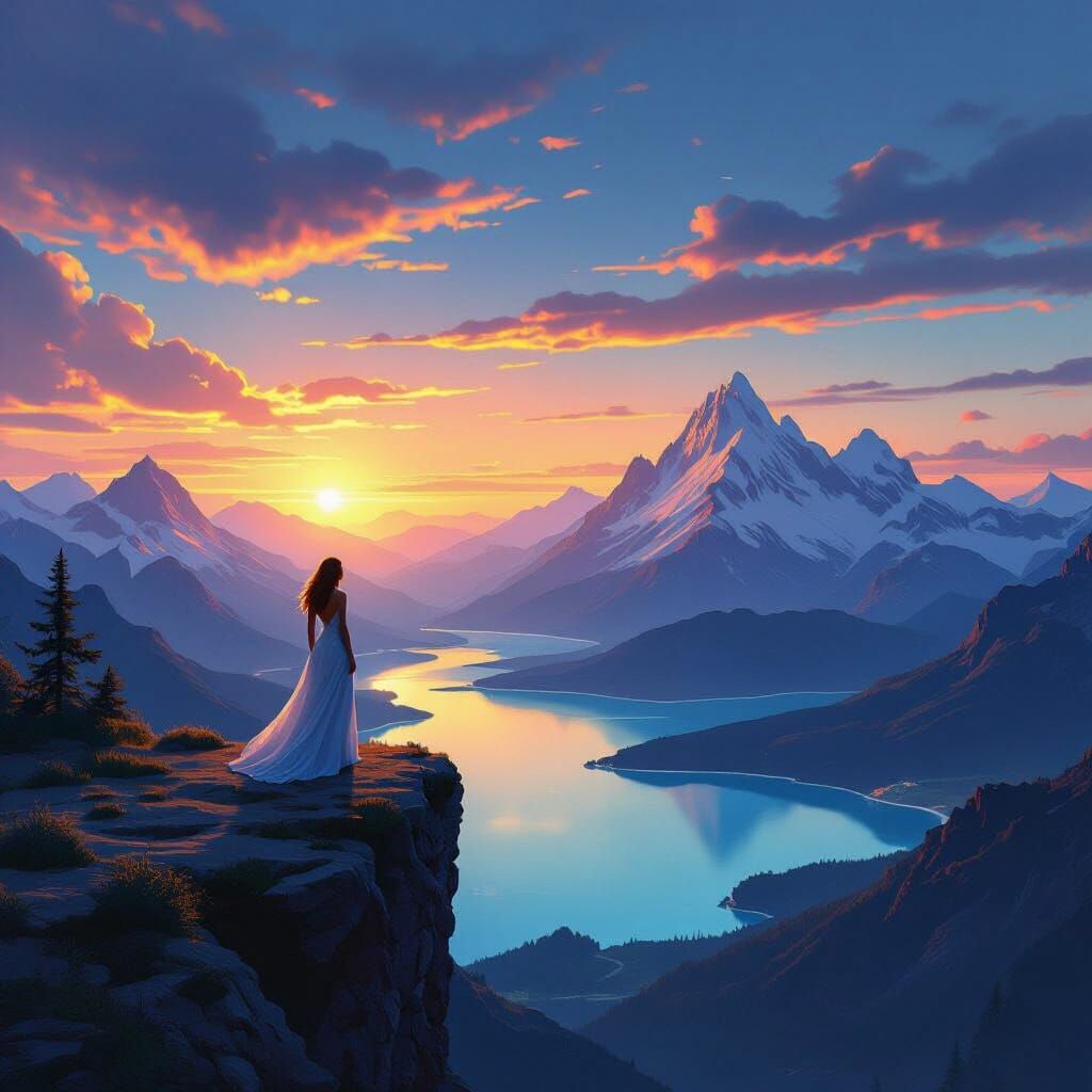 Woman Overlooks Glowing Surreal Mountains at Sunset