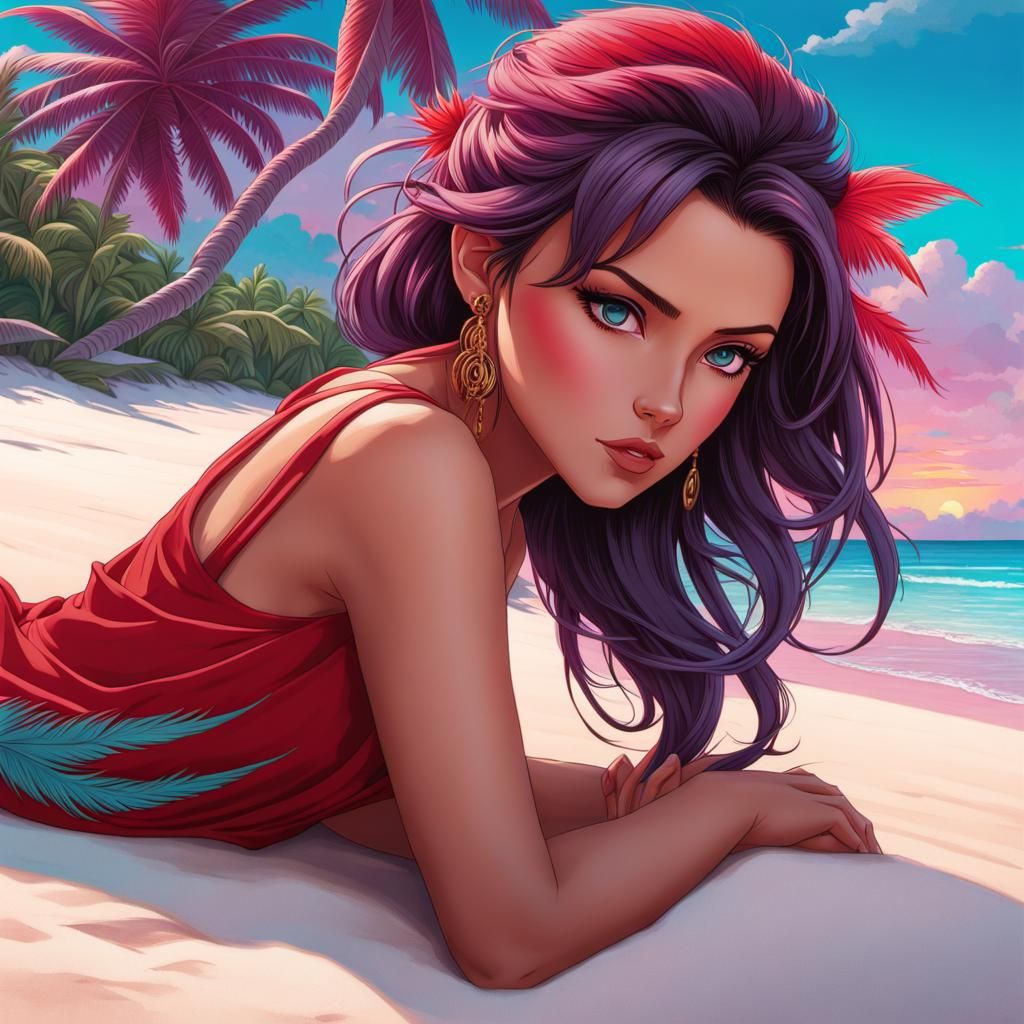 Hyperrealistic Anime Beach Scene with Rey Ayanami