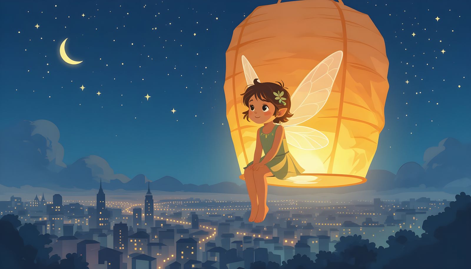 Fairy Lantern Flight Over City at Night