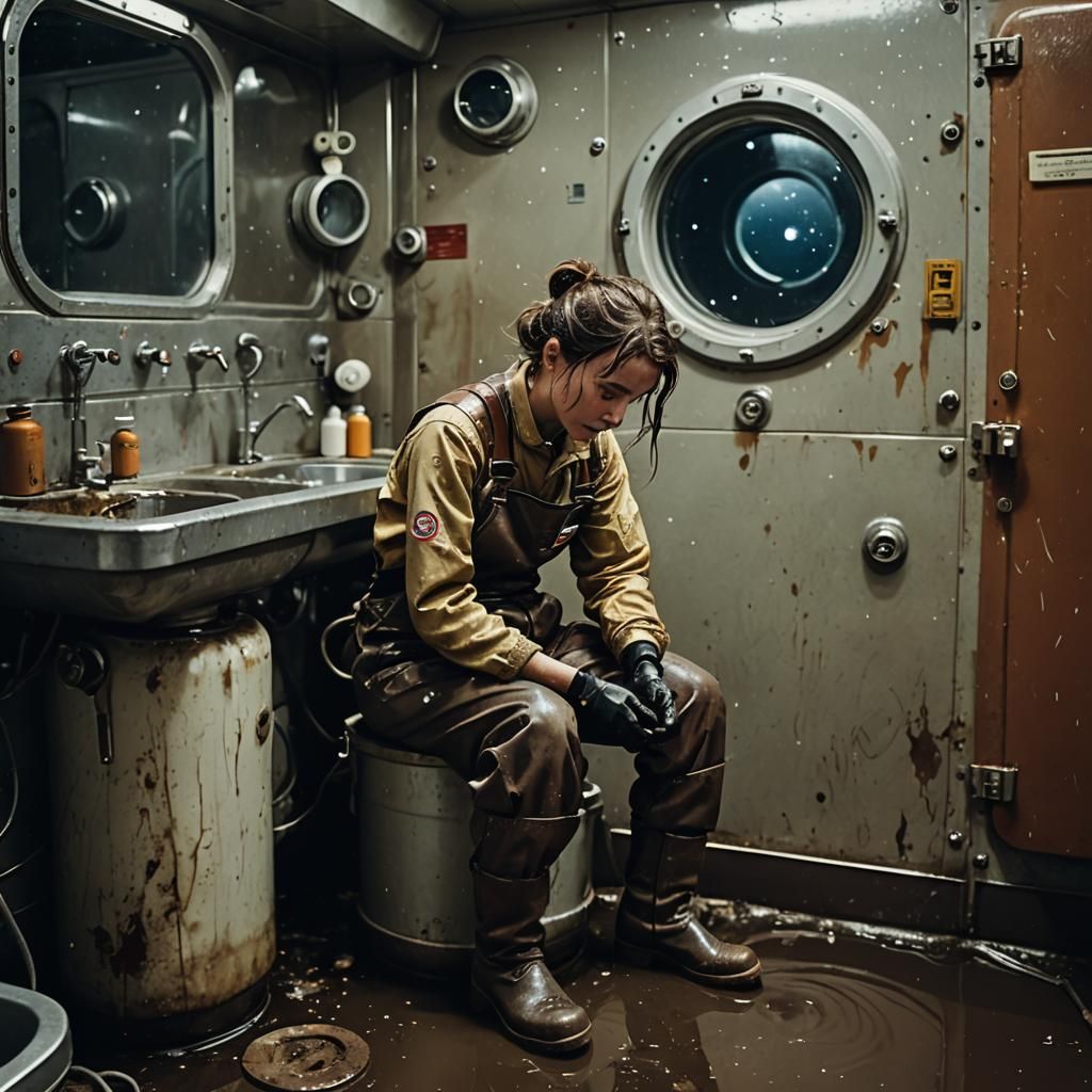 Exhausted Worker in Spacefreighter Restroom