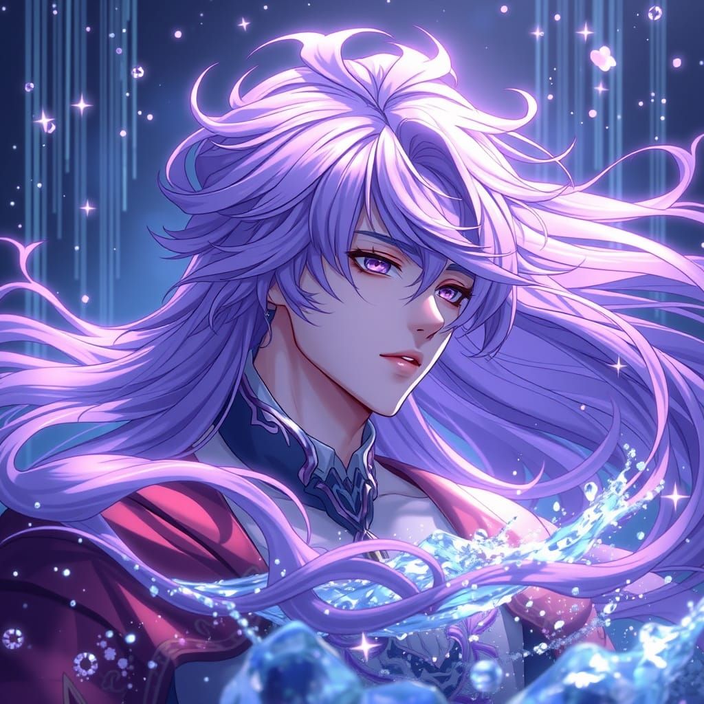 Anime Prince Amidst Cosmic Waterfalls