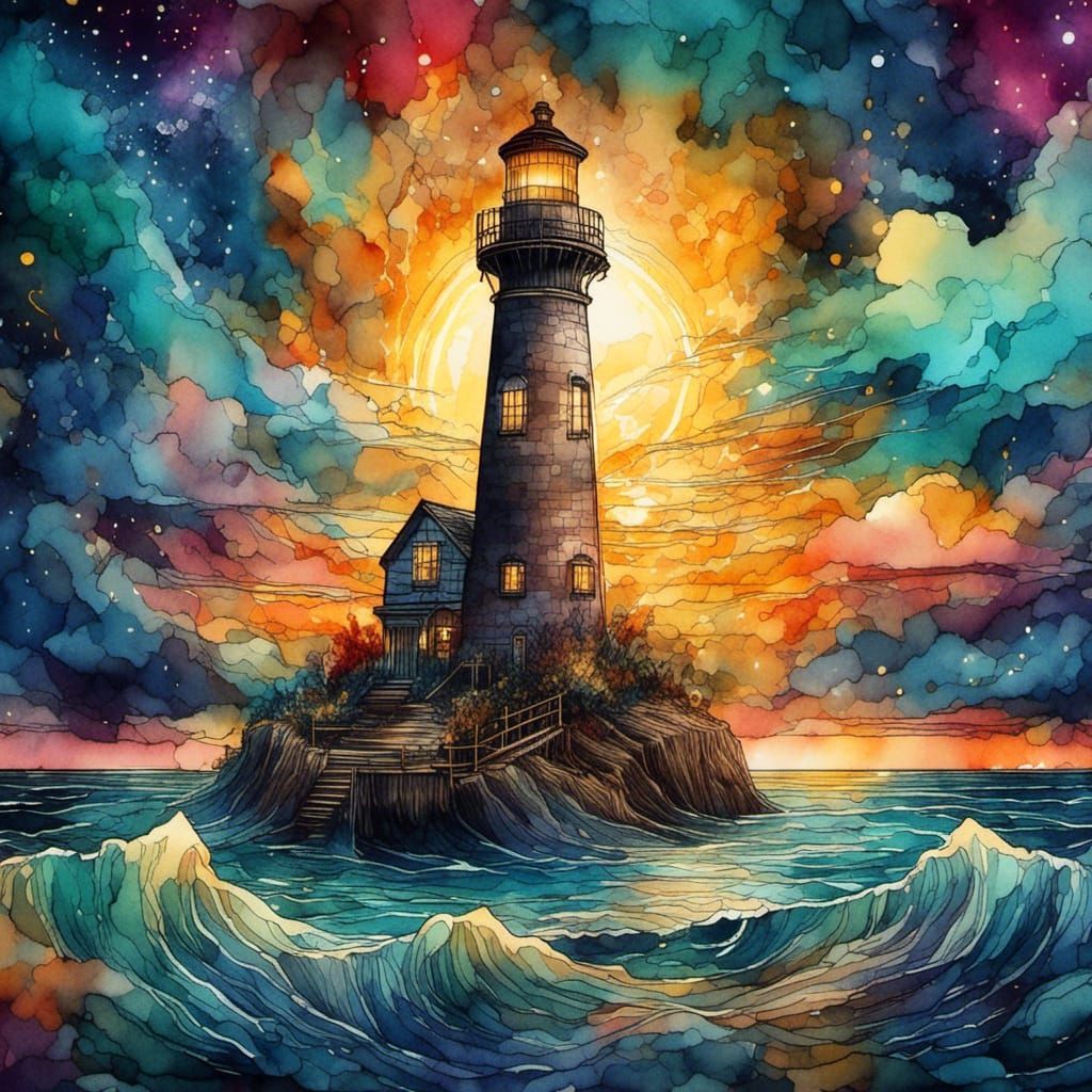 Lighthouse in Tempest: Digital Ink and Golden Light