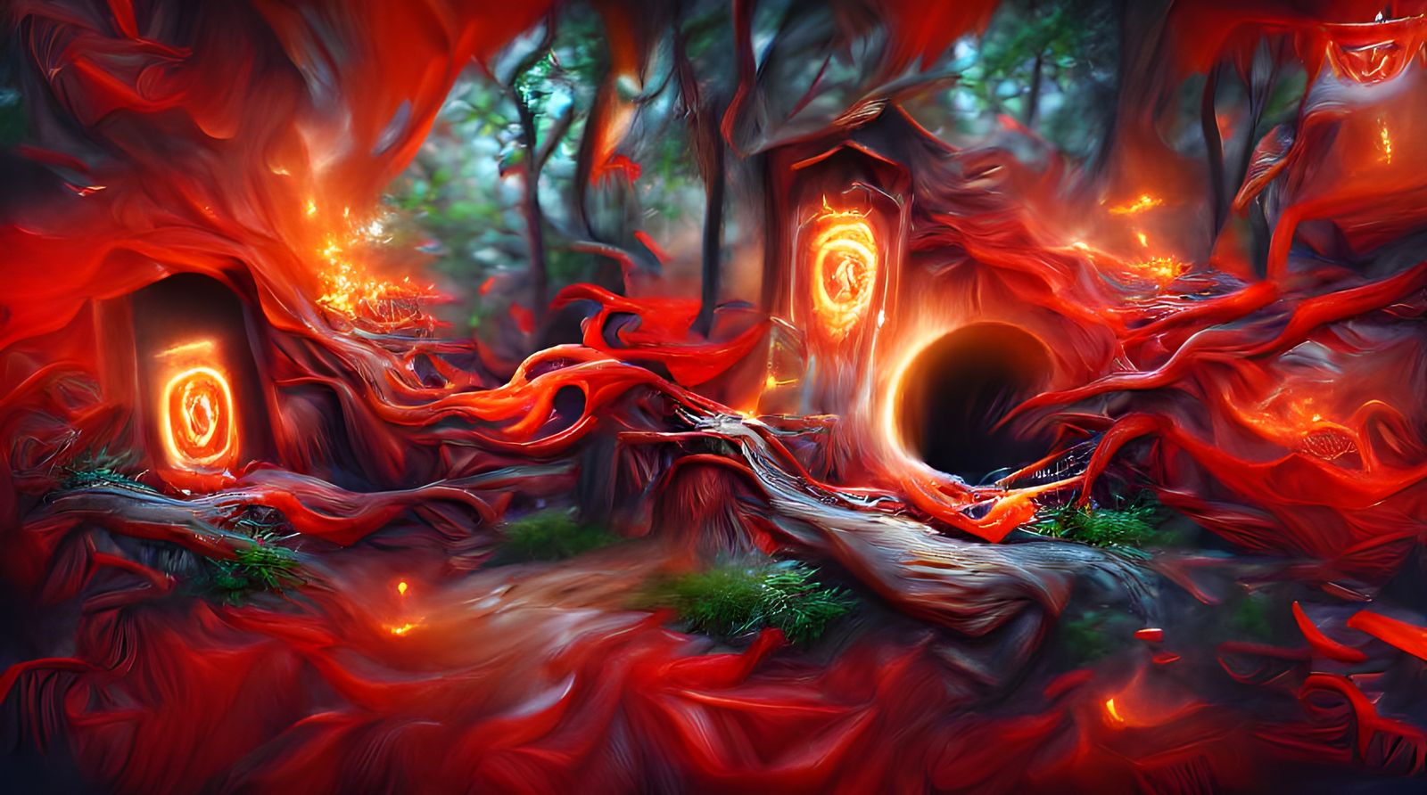 Eldritch Portal Amidst Lush Forest, Digital Painting