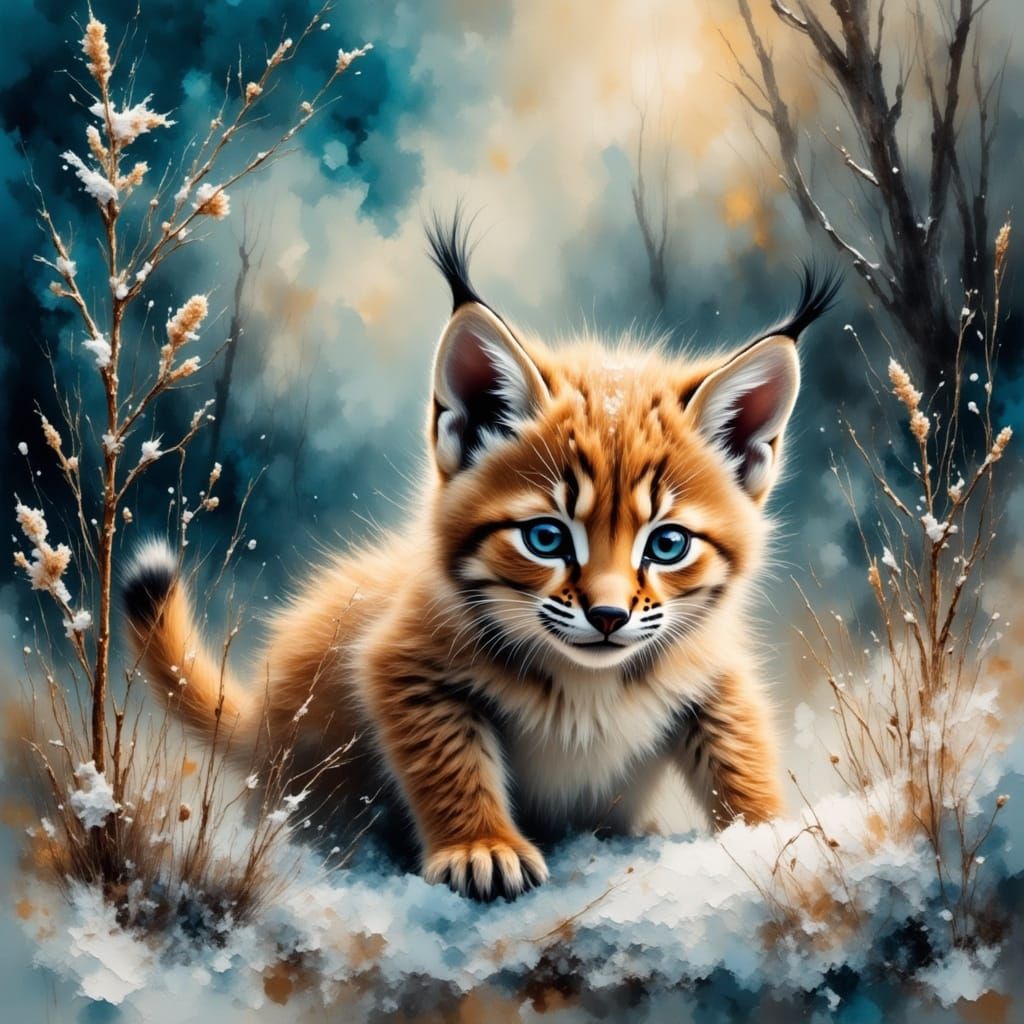 Vibrant Winter Wonderland with Adorable Lynx Cub