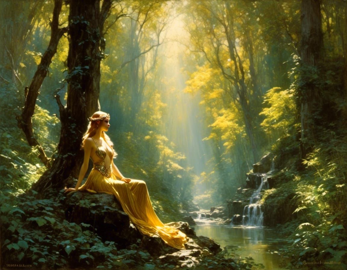 Elven Woman in Sunlit Forest, Art Deco Style