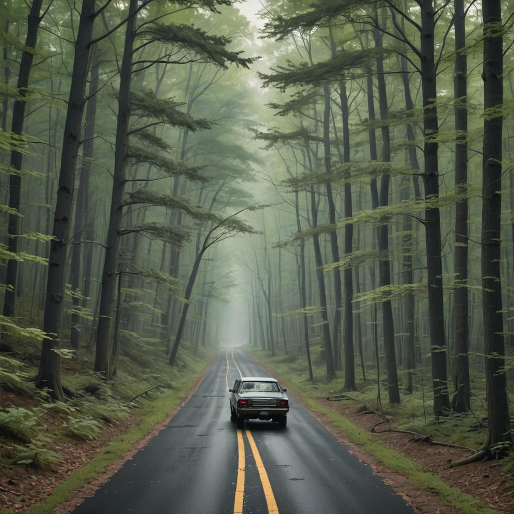 Paved Road Through Sinister Forest with Machines