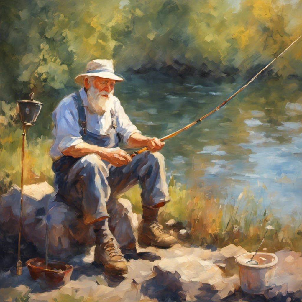 Impressionistic Old Man Fishing by River