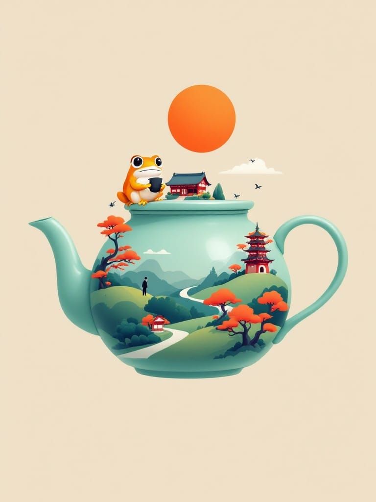 Whimsical Japanese Teapot Scene in Modern Style