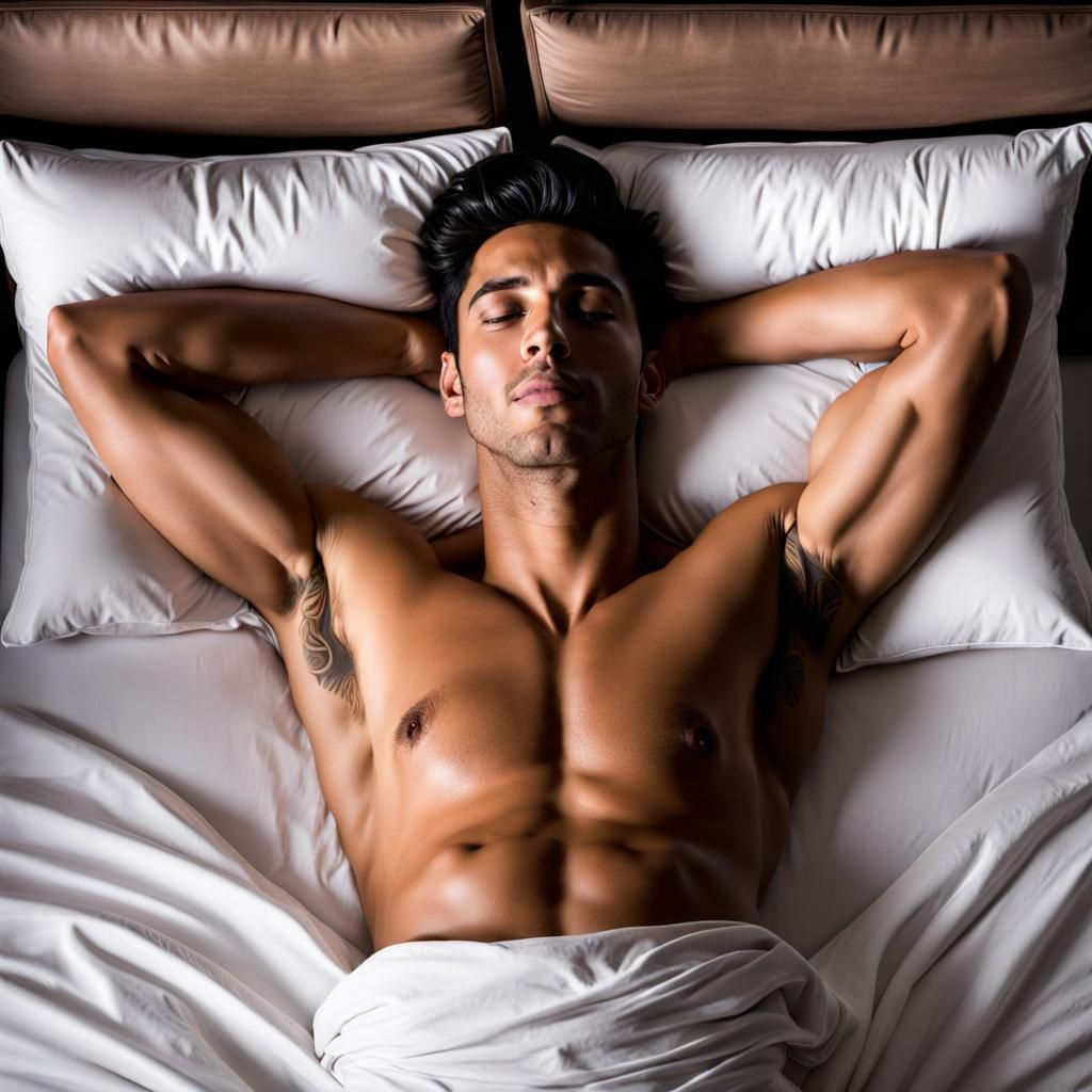 Young Man Relaxing in Bed, Overhead View