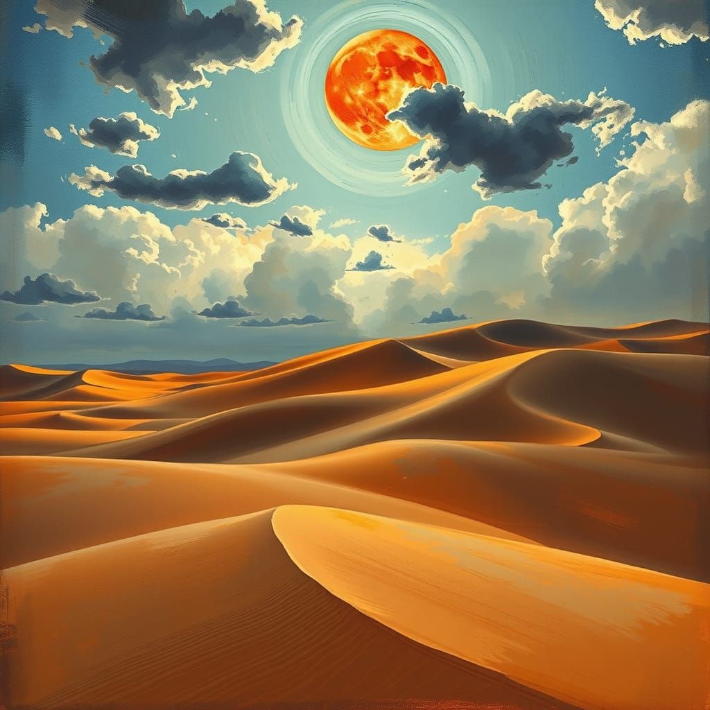 Blood Moon Over Sahara Desert as Impasto Painting