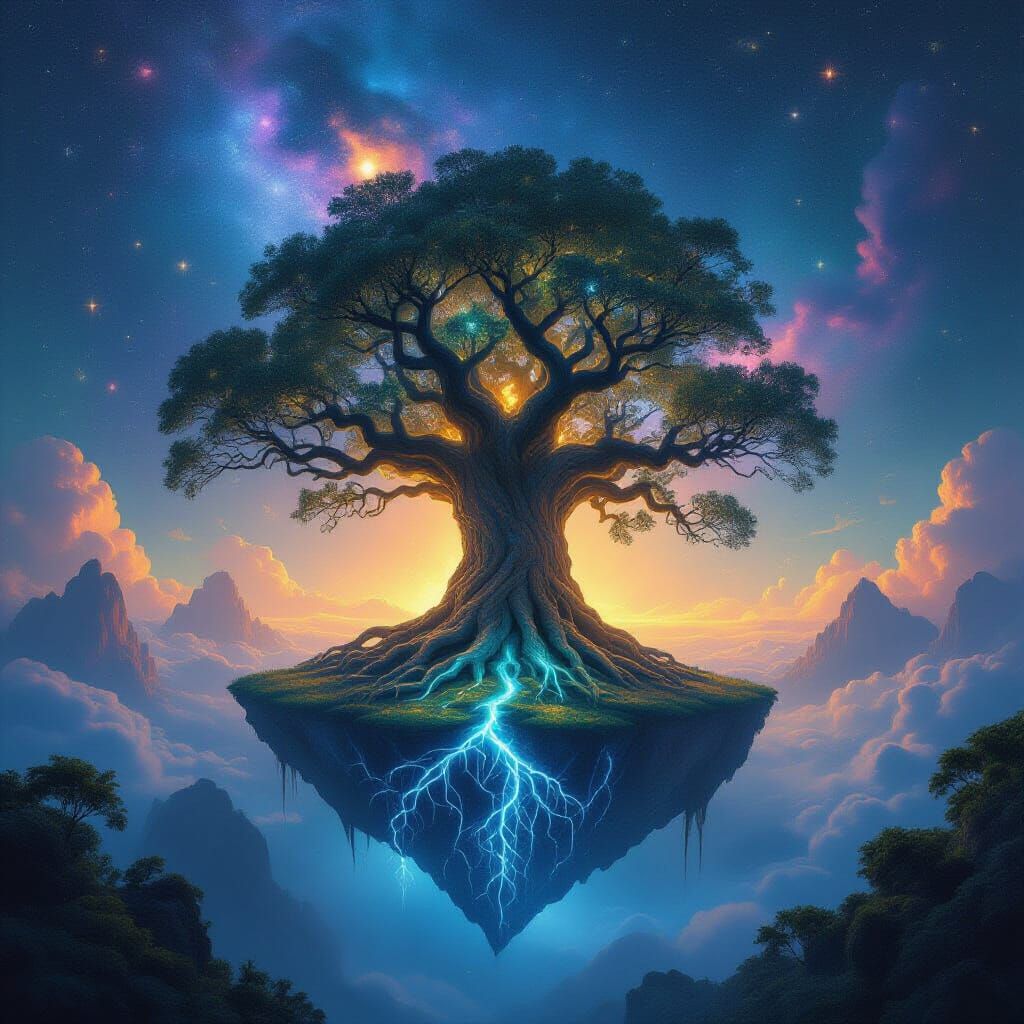 Ancient Bioluminescent Tree on Floating Island in Nebula