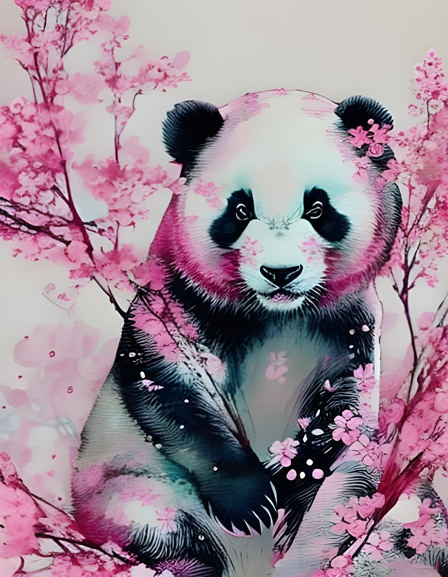 Pink Sakura Panda Cub in Ink Flow Art