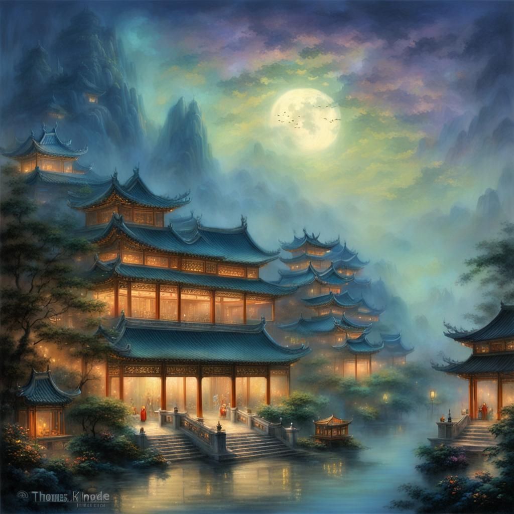 Ethereal Chinese Palace at Night in Kinkade Style
