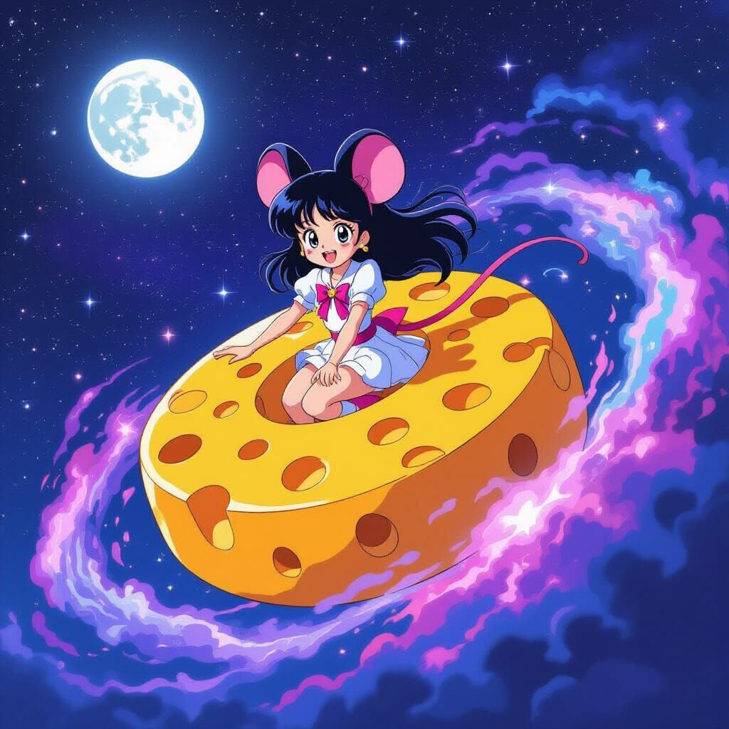 Celestial Girl Rides Cheese Wheel Through Starry Sky in Anim...