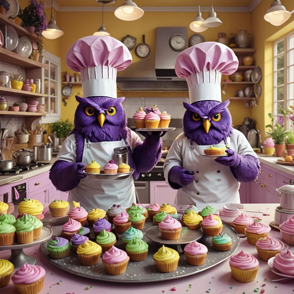 Purple Owl Chefs with Cupcakes, Digital Art