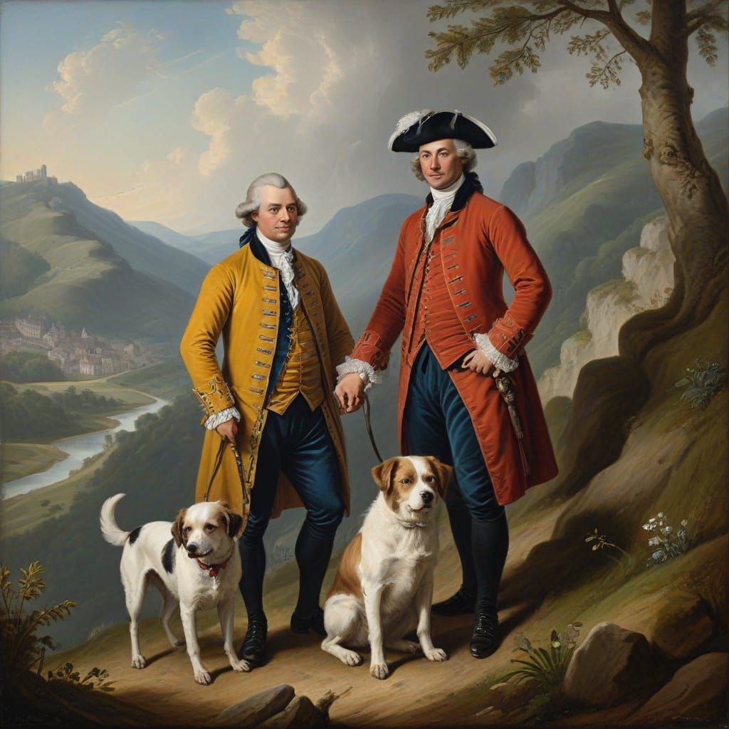 Gentlemen with Dog, 18th Century Oil Painting
