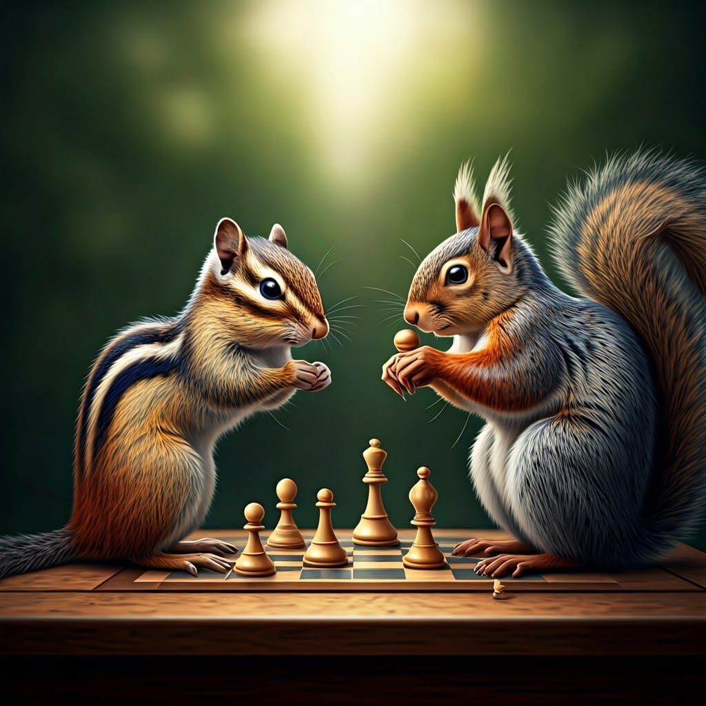 Chipmunk and Squirrel Play Chess in HDR
