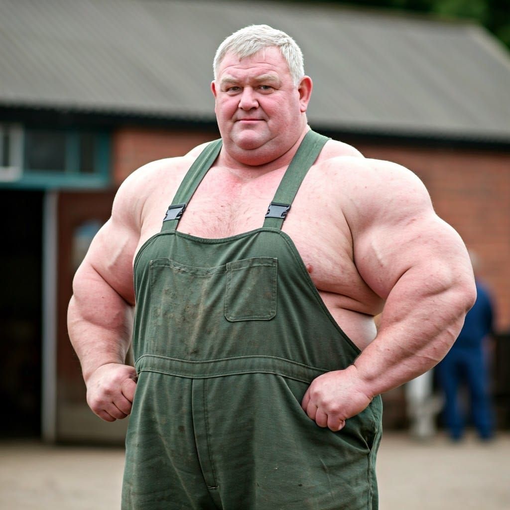 Overweight Farmer Strongman in Farm Yard, Vintage Photo