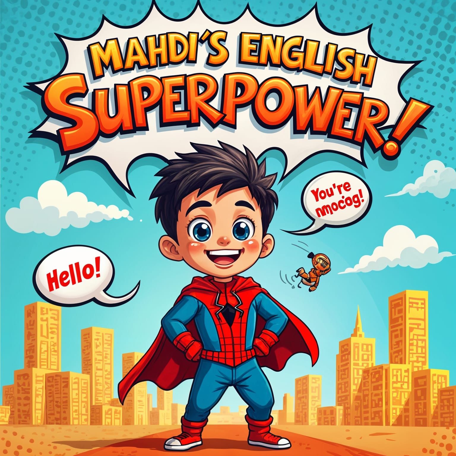 Young Boy Empowered by English Superpower in Vibrant Pop Art...