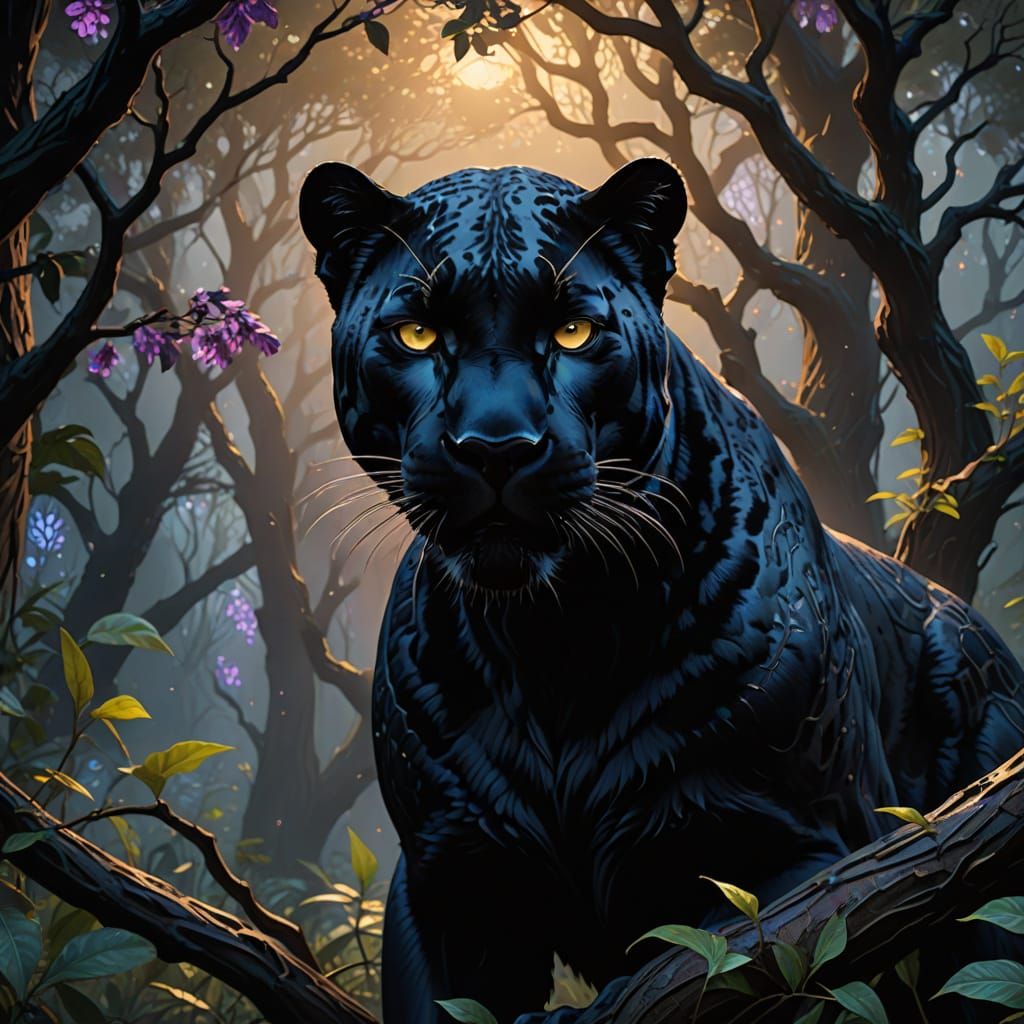 Surreal Black Panther in Sparkling Forest