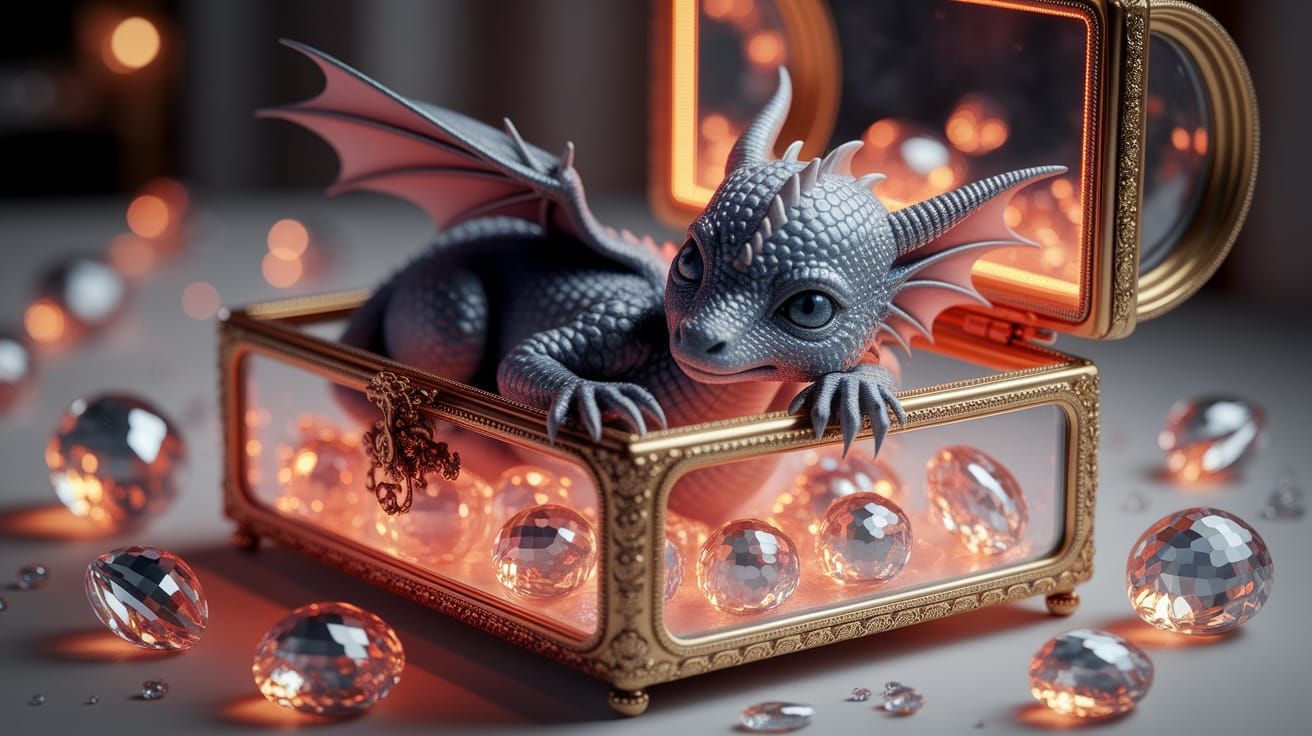 Luxurious Glass Jewelry Box Holds Captive Baby Dragon