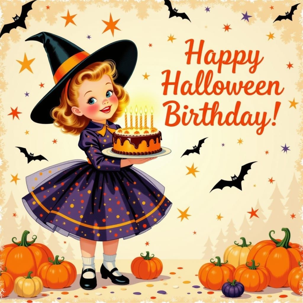 1950s Witch Girl Celebrates Halloween Birthday