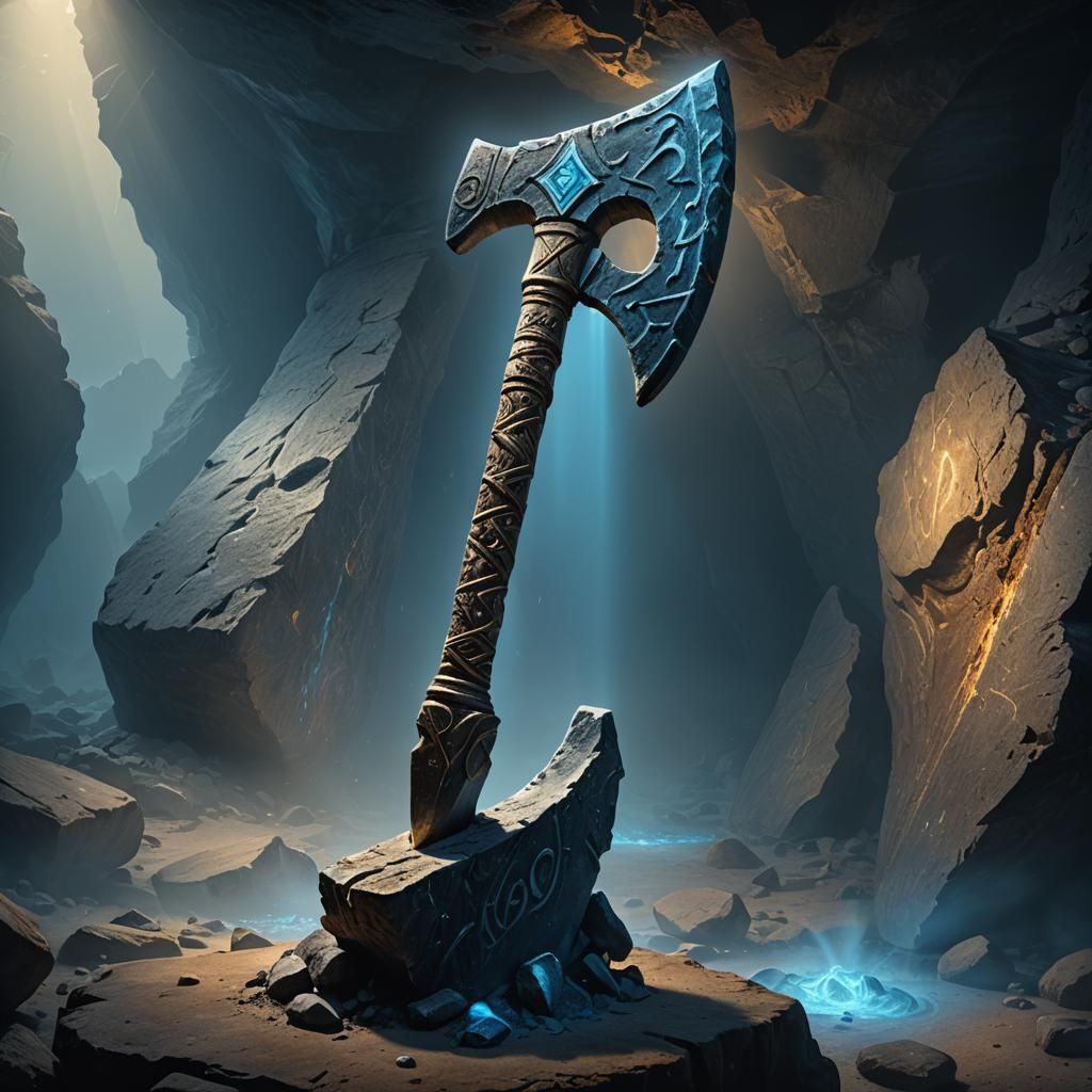 Fossil Great Axe on Stone Pedestal in Misty Cave