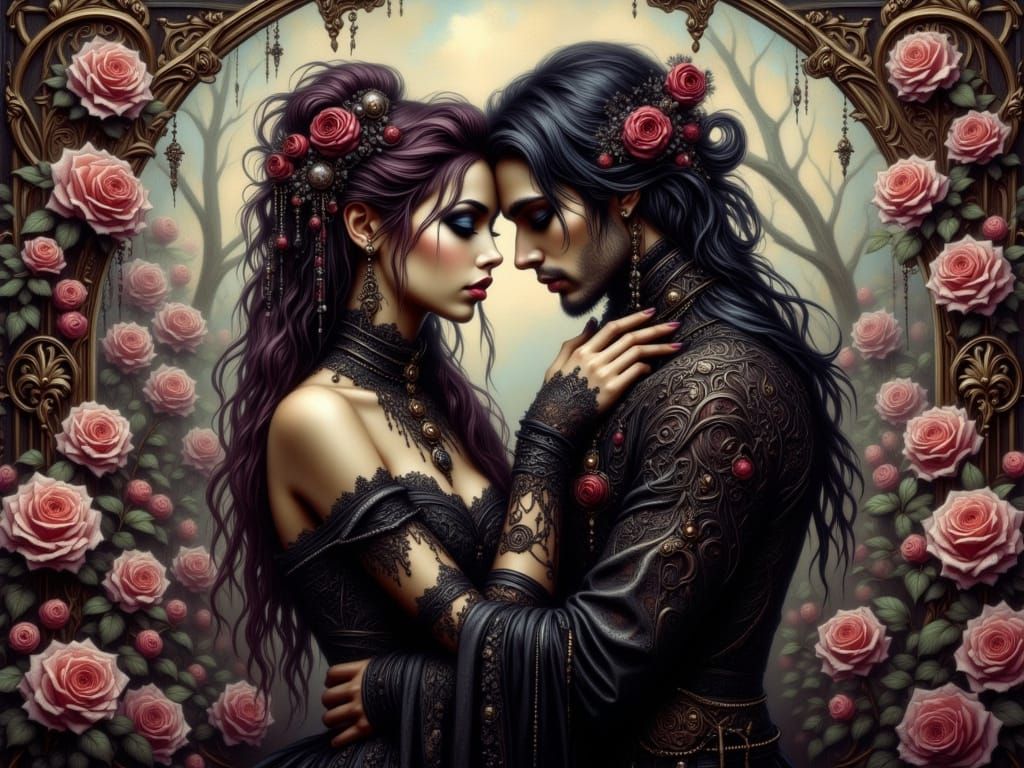 Gothic Steampunk Woman in Rose Garden