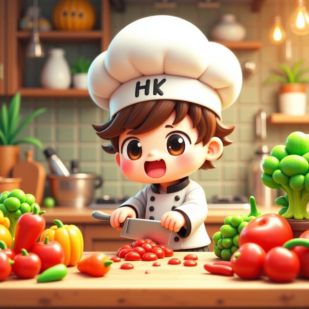 Chef Chopping Vegetables in Chibi Cartoon Style