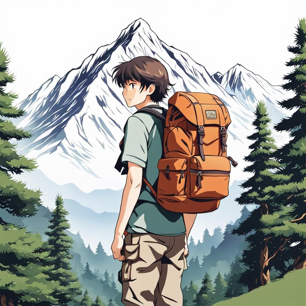 Mountains and Backpack Logo in Anime Style
