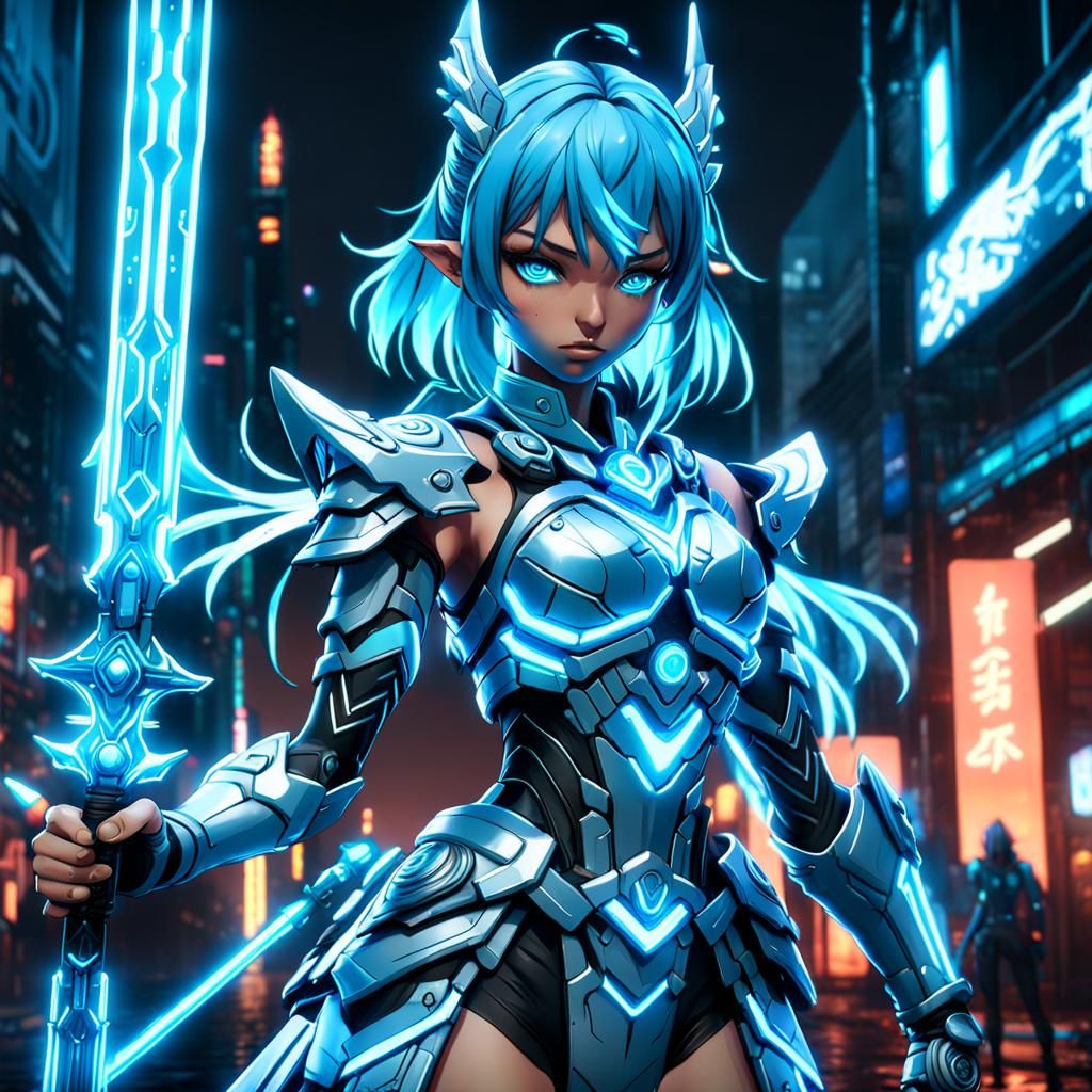 Anime Neon Warrior Girl: Detailed Digital Painting