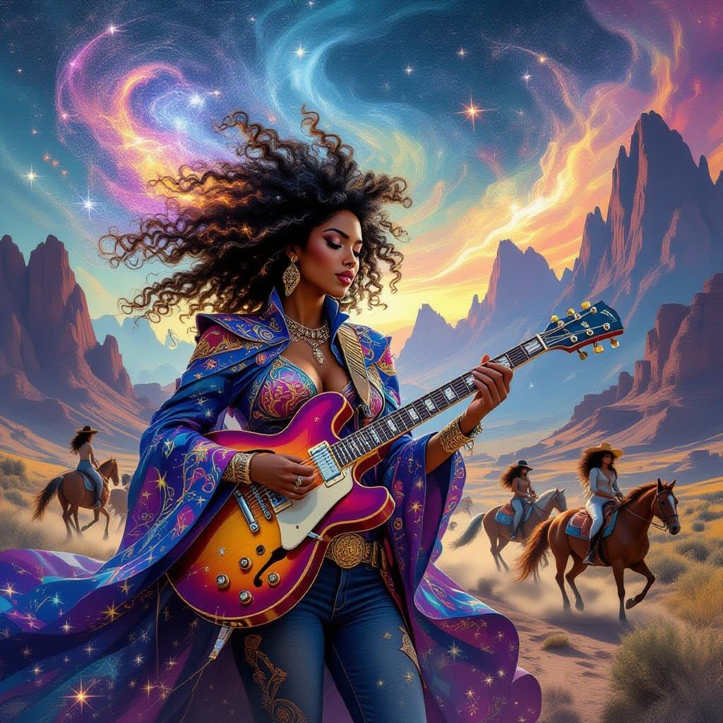 Afro-Latina Cowgirl Plays Cosmic Guitar in Surreal Landscape