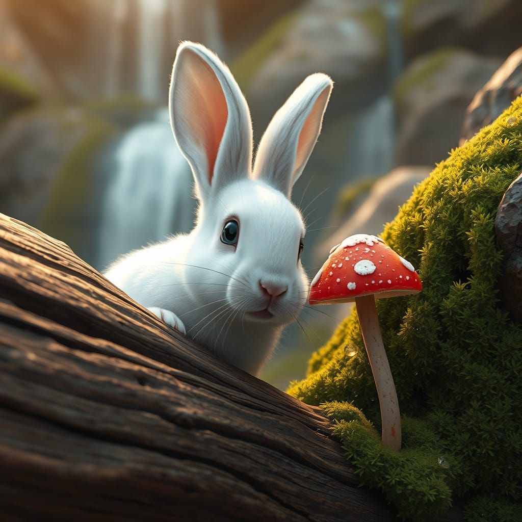 Enchanted Forest Scene with White Rabbit and Waterfall