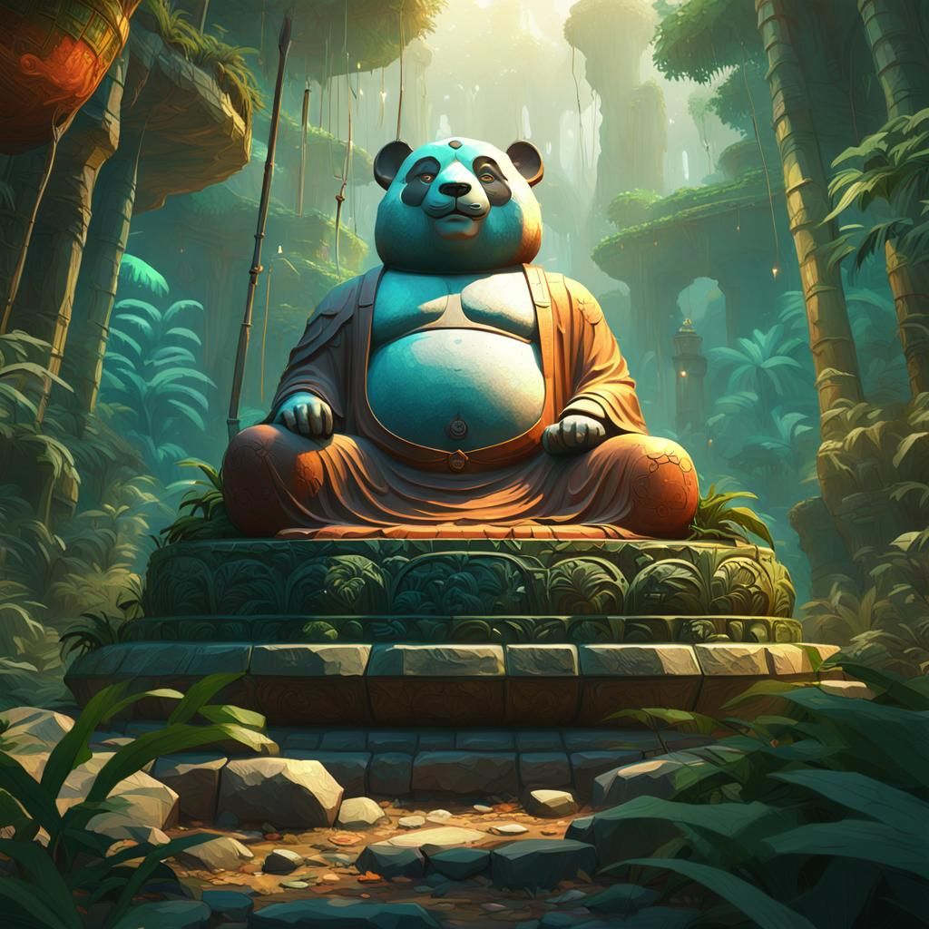 Stone Panda Buddha Statue in Jungle Art