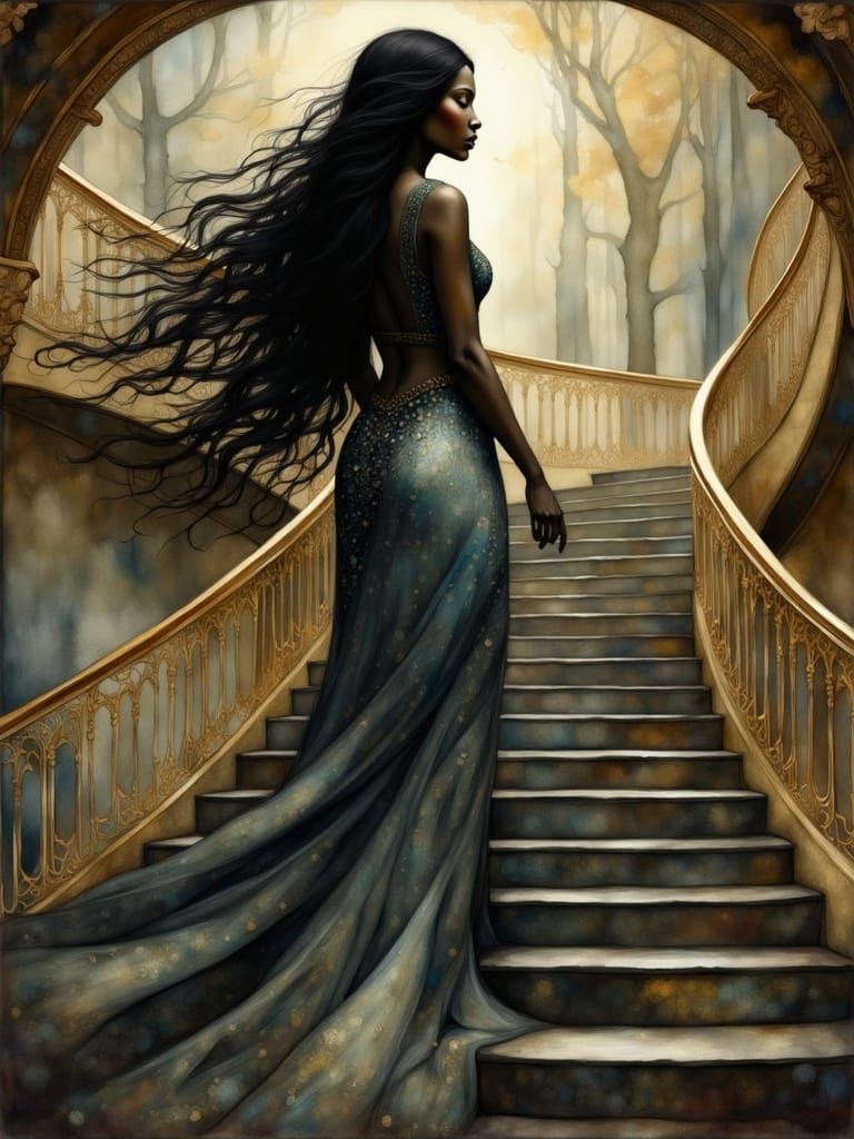Majestic Black Princess Ascends Grand Staircase in Victorian...