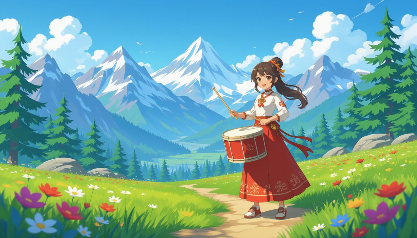 Cartoon Girl Drumming on Mountain Path in 3D Anime Style