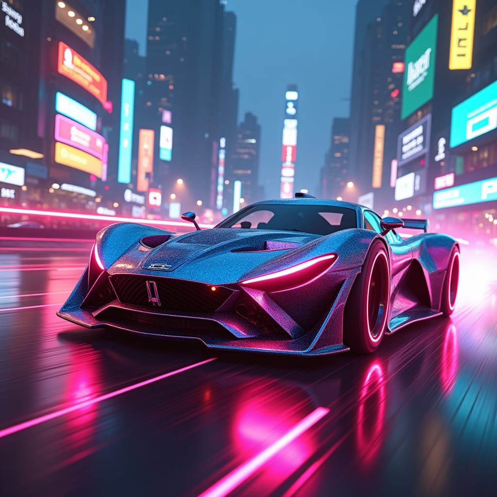 Cyberpunk Supercar Victory in Dystopian Cityscape