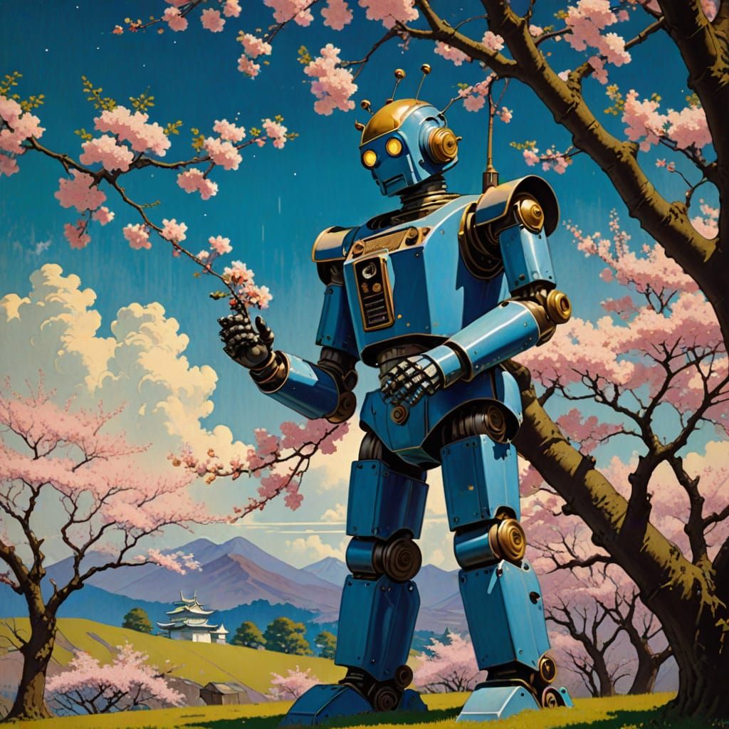 Maxfield Parrish Robot Smells Sakura Blossom