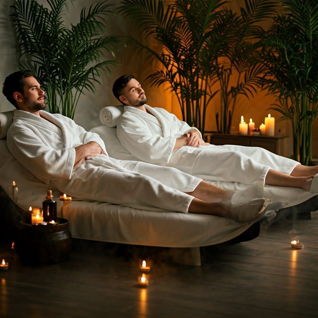 Three Men Bask in Serene Spa Oasis